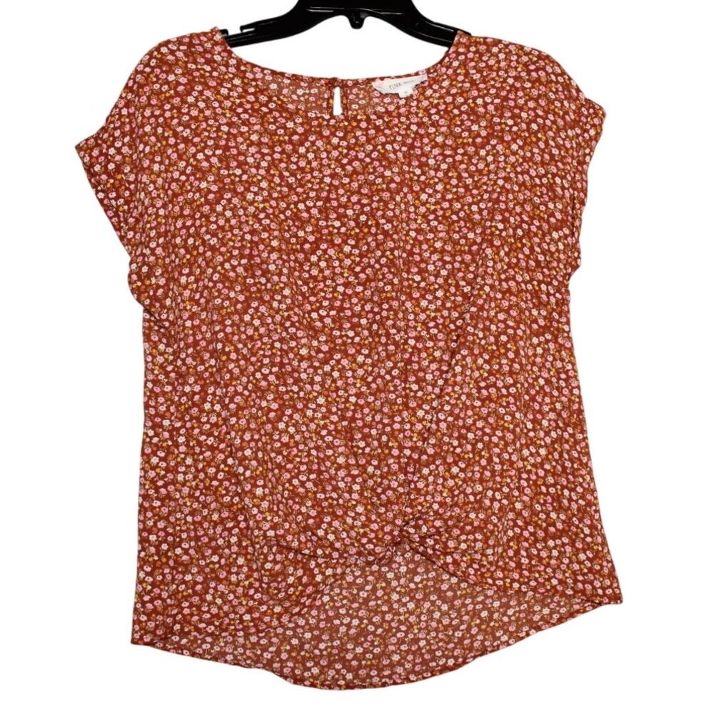 Pink Rose Blouse Womens‎ Size Medium Floral Short Sleeve Crew Neck Casual Rust